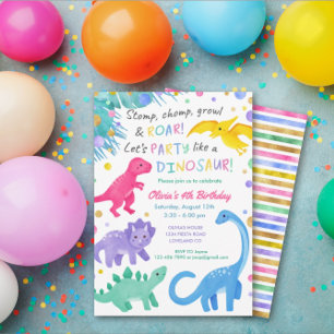 Dinosaur Fille Anniversaire Invitation Colorée Mig