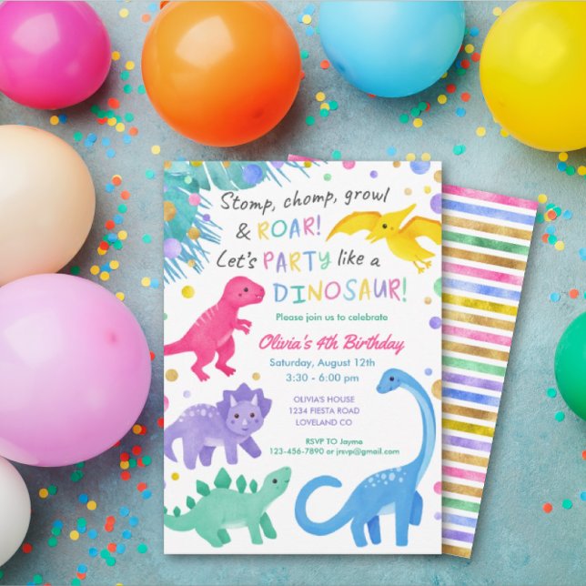 Dinosaur Fille Anniversaire Invitation Colorée Mig (Créateur téléchargé)