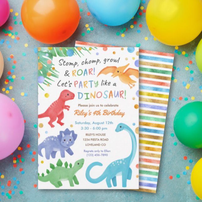 Dinosaur Invitation Anniversaire Coloré Mignonne (Créateur téléchargé)