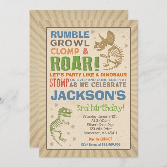 Dinosaur Invitation Anniversaire Dinosaur Fossil P (Devant / Derrière)
