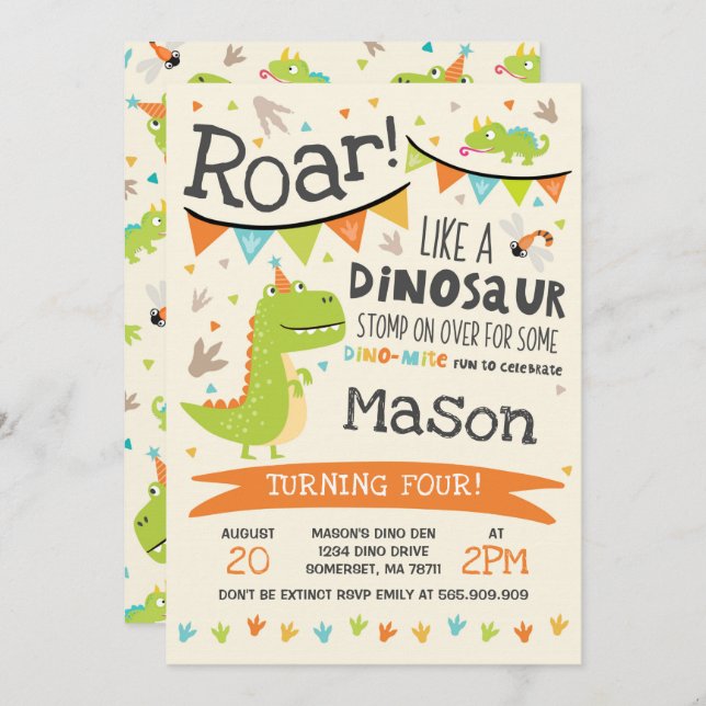 Dinosaur Invitation Anniversaire Dinosaur Roar Par (Devant / Derrière)