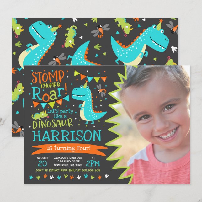 Dinosaur Invitation Anniversaire Dinosaur Roar Par (Devant / Derrière)