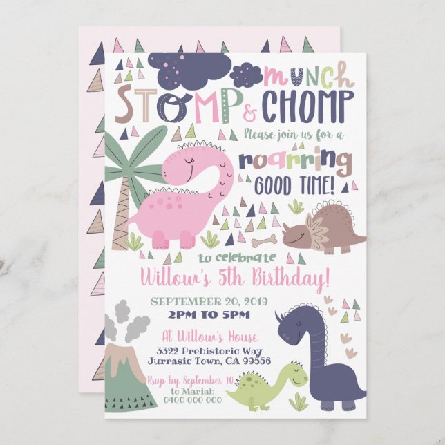 Dinosaur Invitation Anniversaire Fille Dinosaure R (Devant / Derrière)