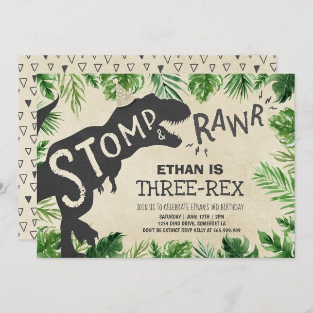 Dinosaur Invitation d'anniversaire à trois rythmes (Devant / Derrière)