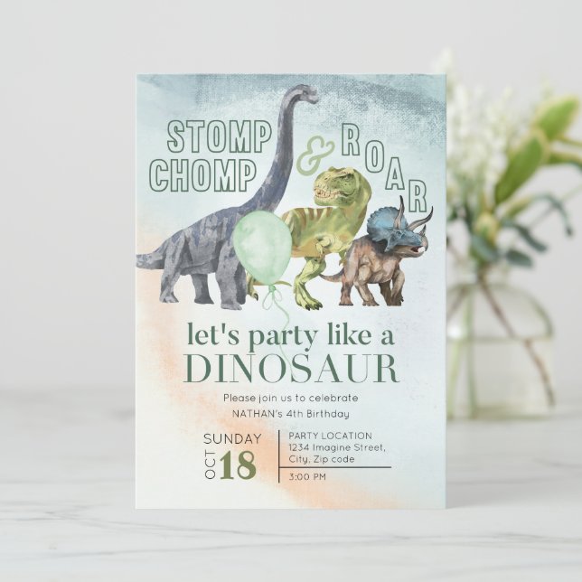 Dinosaur invitation d'anniversaire, Stomp Chomp et (Debout devant)