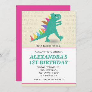 Dinosaur invitations 1er anniversaire Fille rose