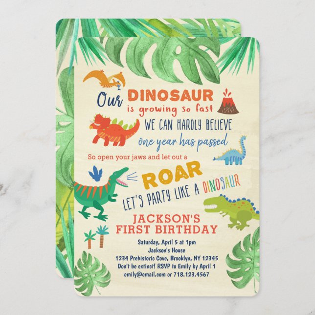 Dinosaur Invitations pour le premier anniversaire  (Devant / Derrière)