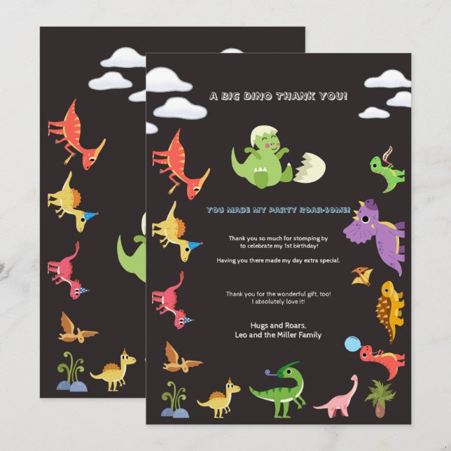 Dinosaur / Joli garçon dino Anniversaire Merci  (Devant / Derrière)