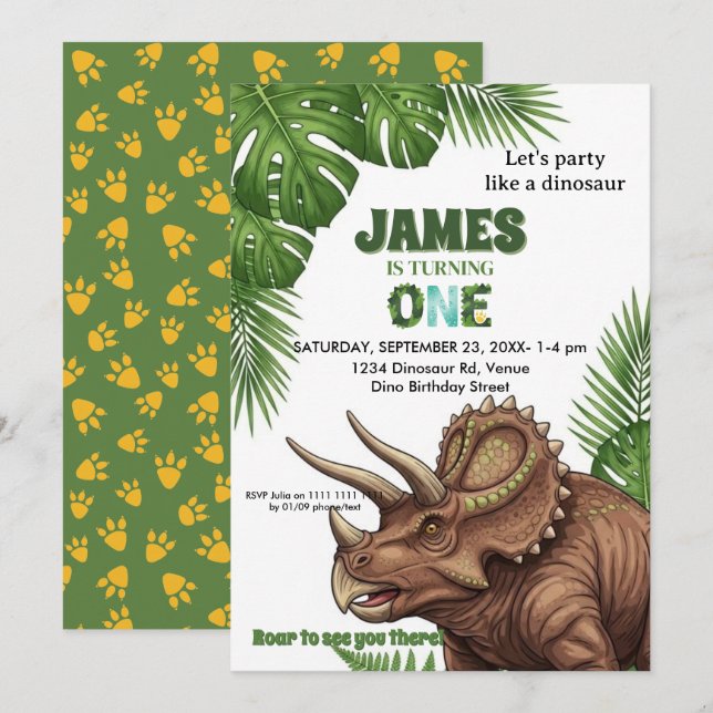 Dinosaur Jungle 1st Birthday Invitation  (Devant / Derrière)