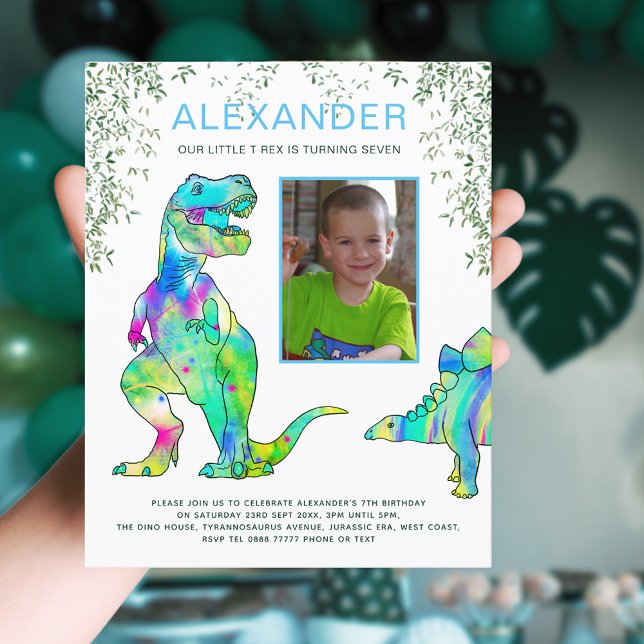 Dinosaur Jungle Roar Anniversaire de la fête Photo (Dinosaur jungle 7th birthday party with photo template colorful dino T-Rex & stegosaurus blue green)