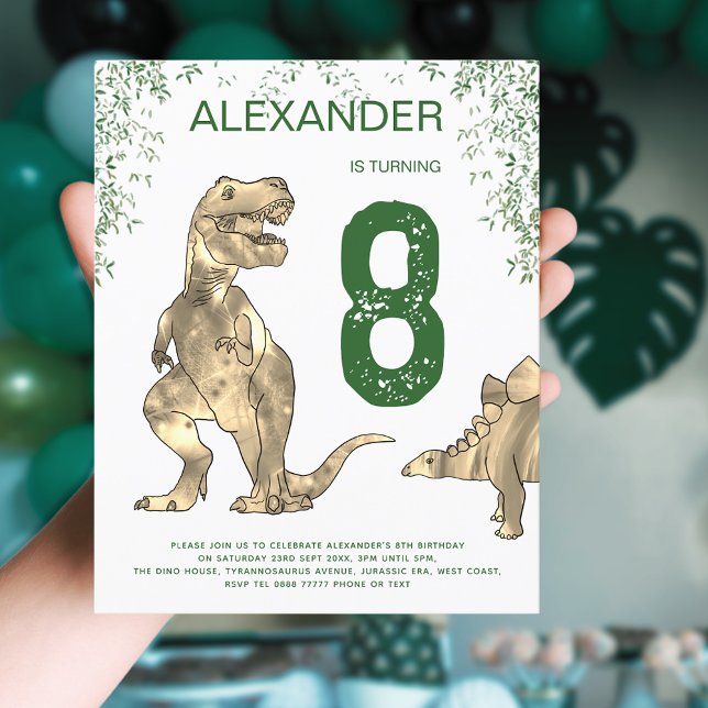 Dinosaur jungle T. rex garçons Anniversaire Parti  (T-Rex dinosaur jungle 8th birthday party budget invitation brown and green tyrannosaurus stegosaurus)
