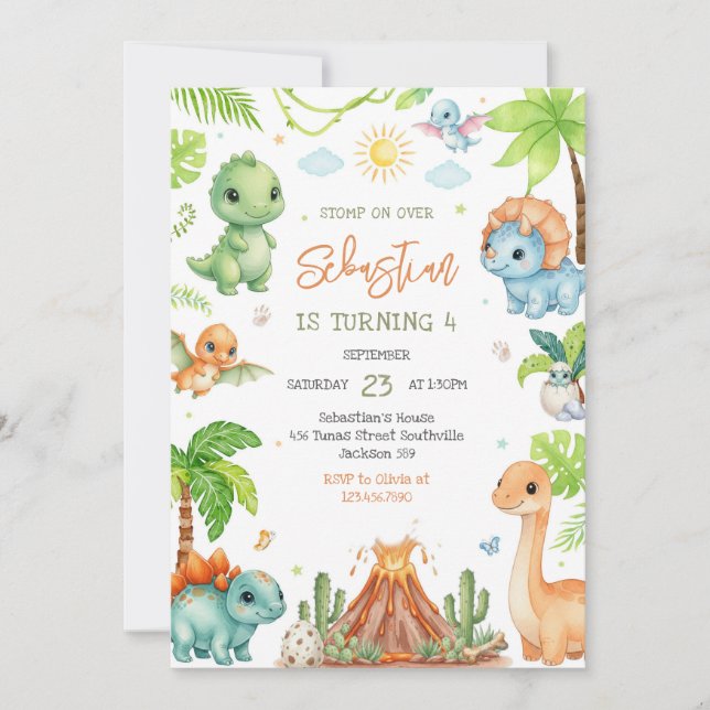 Dinosaur Kids Birthday Invitation (Devant)