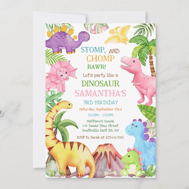 Dinosaur Kids Birthday Invitation (Devant)