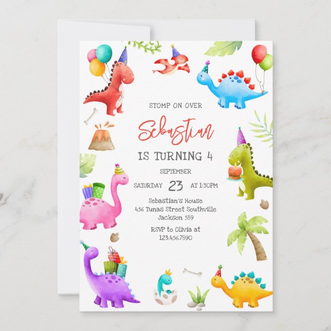 Dinosaur Kids Birthday Invitation (Devant)