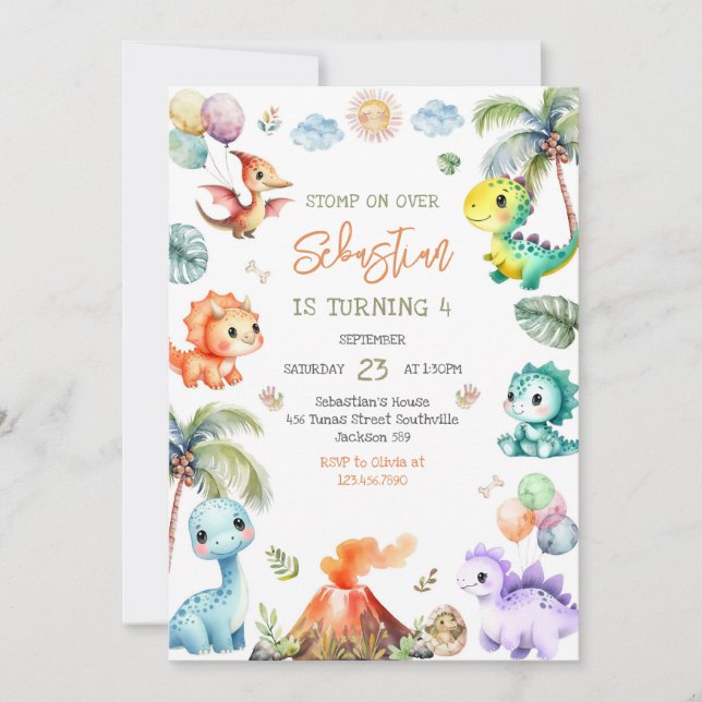Dinosaur Kids Birthday Invitation (Devant)