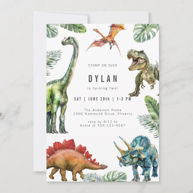 Dinosaur Kids Watercolor Birthday Invitation (Devant)