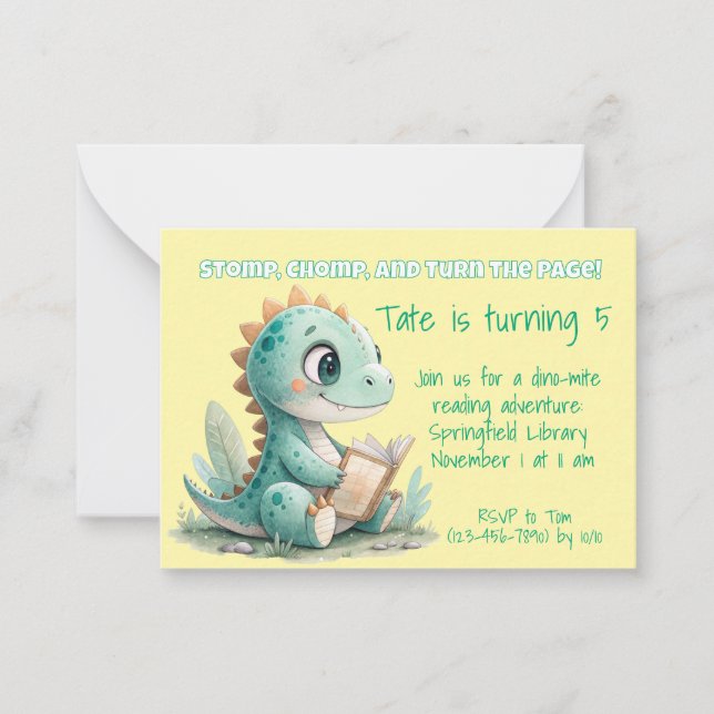 Dinosaur Lire un livre Anniversaire Invitation (Devant)
