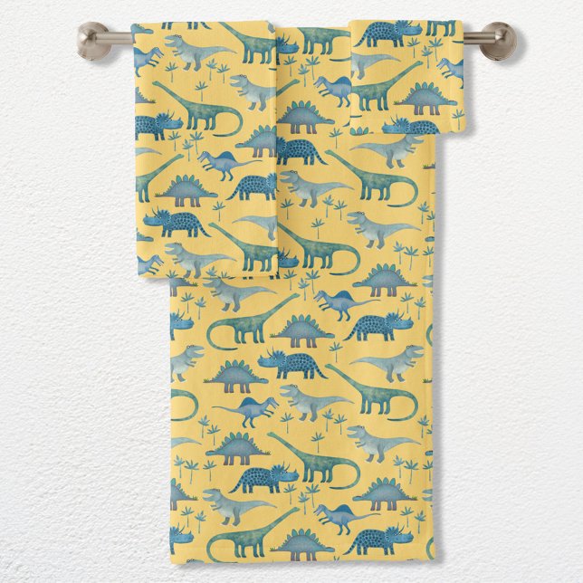 Dinosaur Motif Jaune (Fun prehistoric dinosaur pattern towel set for paleontologists of all ages)