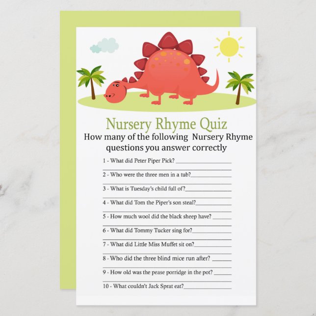 Dinosaur Nursery Rhyme Quiz jeu de baby shower (Devant / Derrière)