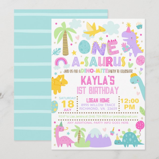 Dinosaur ONE A-Saurus 1er Anniversaire Invitation (Devant / Derrière)