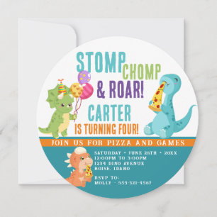 Dinosaur Pizza Party Round Invitation