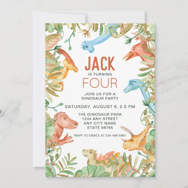 Dinosaur quatrième anniversaire fête Invitation (Devant)