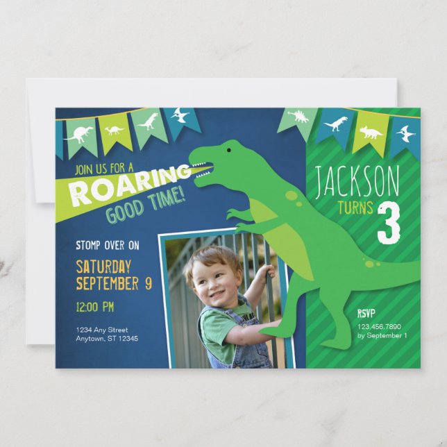 Dinosaur Roaring Boy Anniversaire Fête Invitation (Devant)
