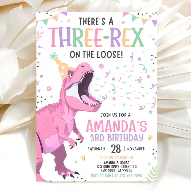 Dinosaur rose Anniversaire Invitation modifiable T (Créateur téléchargé)
