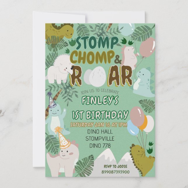 Dinosaur stomp chomp and roar birthday invitation  (Devant)