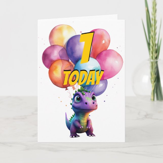 Dinosaur t Rex 1er PURPLE Carte Ballons d'Annivers (Devant)