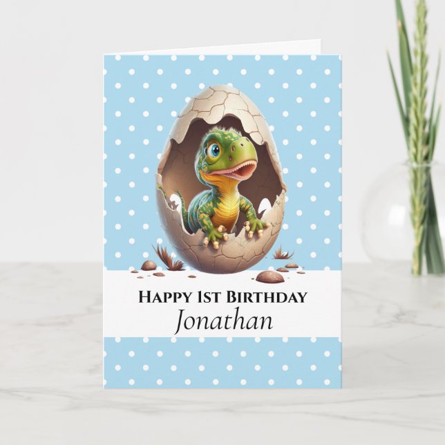 Dinosaur T Rex 1ère carte bleue pour bébé annivers (Devant)