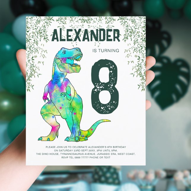 Dinosaur T-Rex Budget de fête d'anniversaire (T-Rex dinosaur jungle 8th birthday party budget invitation with green modern typography )