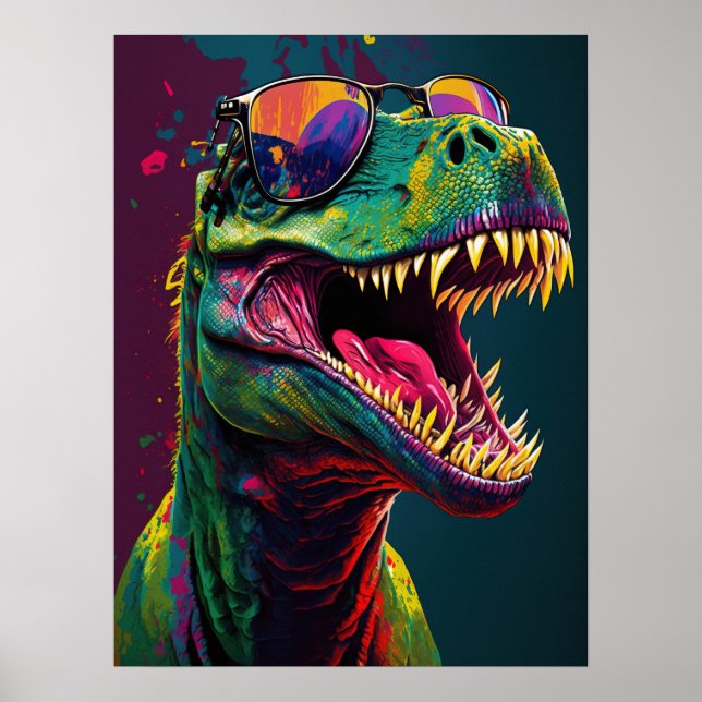 Dinosaur T Rex Cool Bleu Vert Jurassique Poster (Devant)
