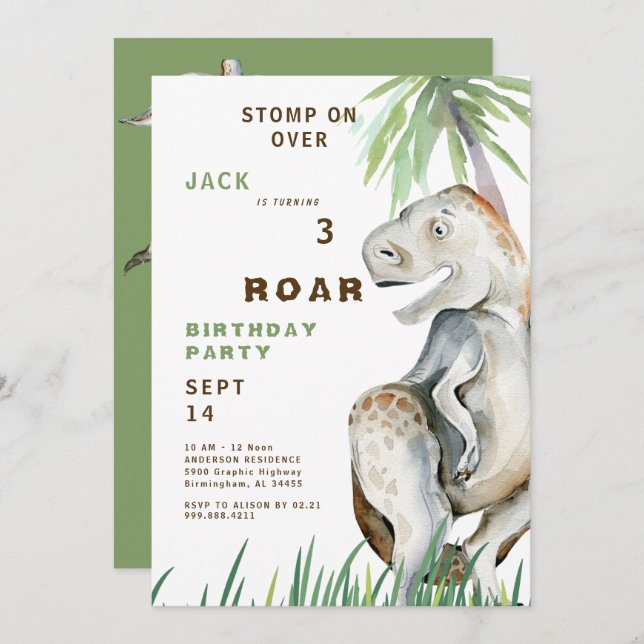 Dinosaur T-rex Invitation de fête d'anniversaire (Devant / Derrière)