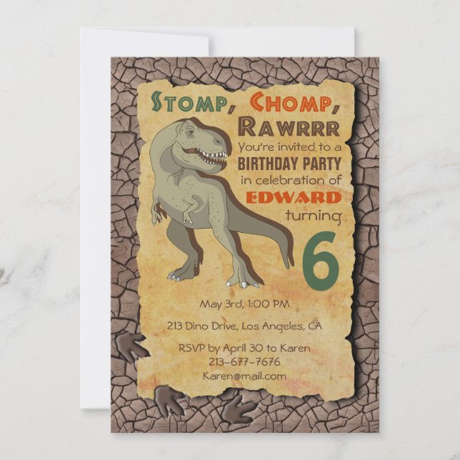 Dinosaur T-Rex Invitation de fête d'anniversaire (Devant)