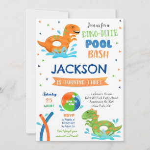Dinosaur T-rex Pool Party Anniversaire Invitations