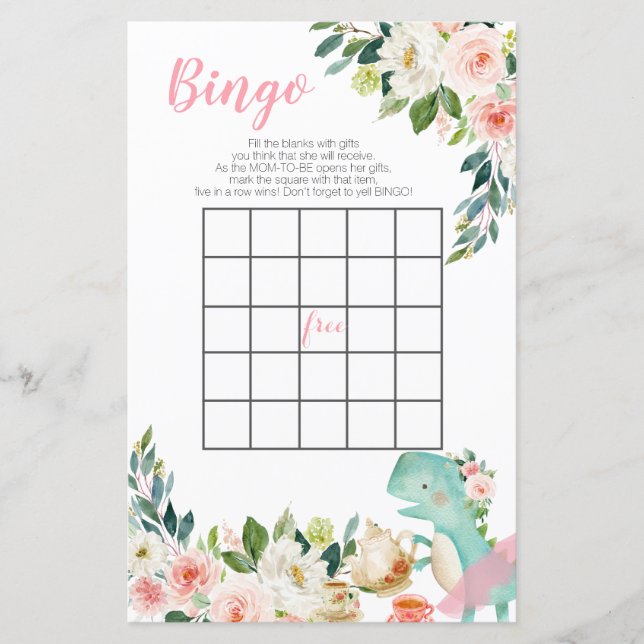 Dinosaur Tea Party Peach Floral Baby shower Bingo (Devant)