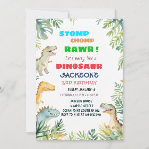 Dinosaur Thème 3ème anniversaire Invitation de fêt