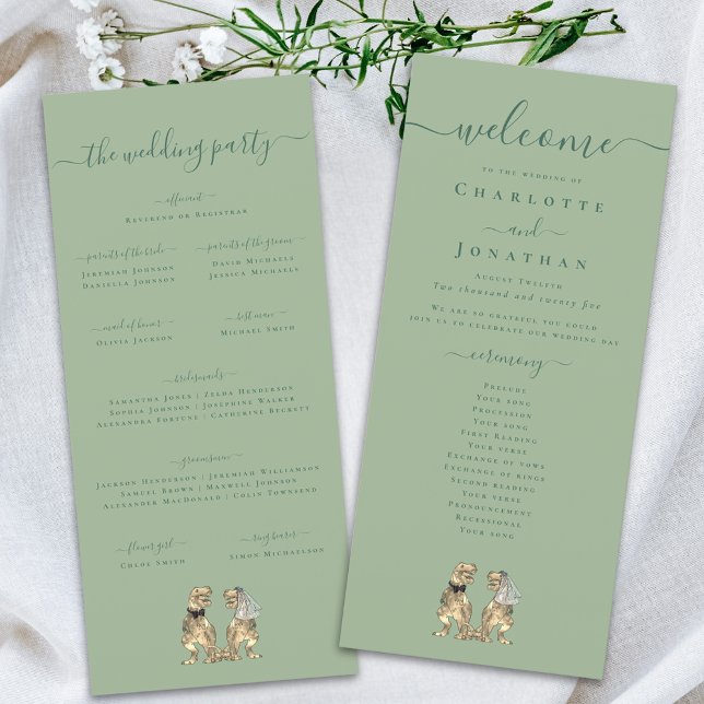 Dinosaur Thème Cérémonie Mariage Programme Sage Gr (Dinosaur theme wedding ceremony program sage green personalized Elegant modern script T-Rex dino)