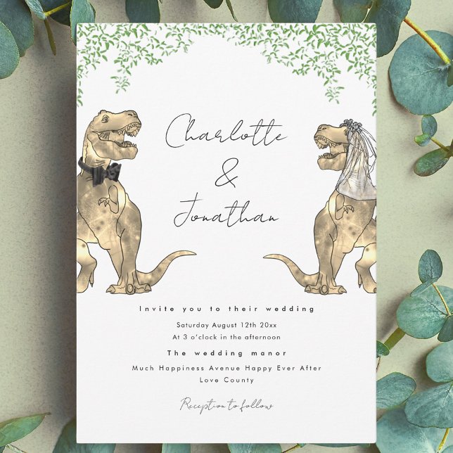 Dinosaur Thème Faire-part de mariage (Jurassic theme dinosaur wedding invitation with watercolor greenery)