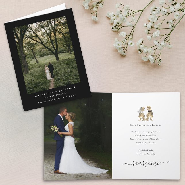 Dinosaur Thème Mariage 2 Photo Merci (Dinosaur theme elegant black and white wedding 2 photo thank you card fun T-Rex dino bride and groom)