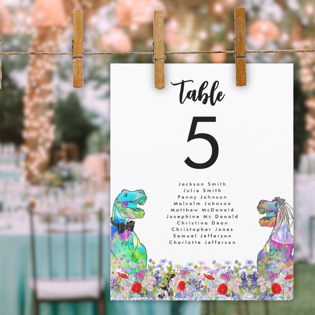 Dinosaur thème Mariage Fleur sauvage Table (Dinosaur themed wedding colorful wildflower table seating chart)