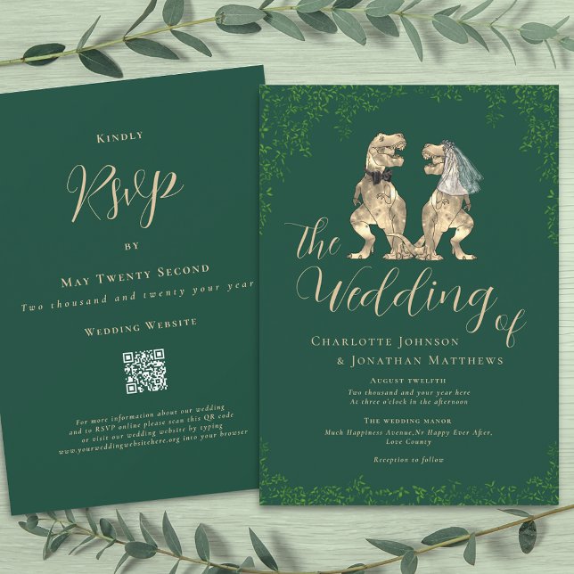 Dinosaur Thème Mariage QR code Invitation (T-Rex dino bride and groom funny dinosaur wedding dark green invitation Eucalyptus foliage )