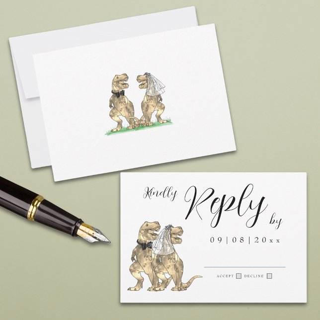 Dinosaur Thème Mariage Réponse Carte RSVP (Simple dinosaur bride and groom wedding invitation rsvp enclosure card with elegant script)