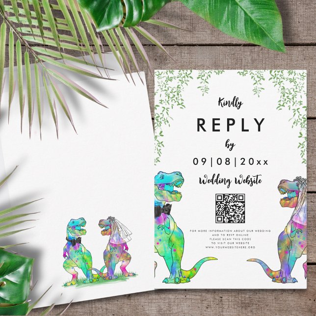 Dinosaur Thème Mariage Réponse QR Code (T-Rex bride and groom colorful dinosaur wedding reply wedding website QR code enclosure card)