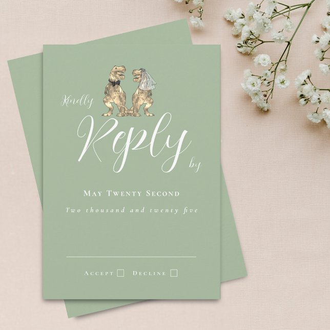 Dinosaur Thème Mariage Réponse Sage Green (Dinosaur theme wedding sage green invitation RSVP card T-Rex dino bride and groom modern elegant)