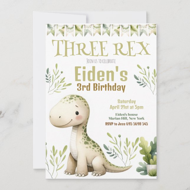 Dinosaur Trois Rex 3e Anniversaire Fête Invitation (Devant)