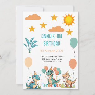 Dinosaur Trois Rex 3e Invitation d'anniversaire