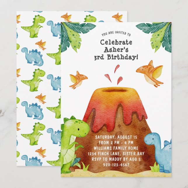 Dinosaur Volcano Anniversaire Fête Invitation (Devant / Derrière)