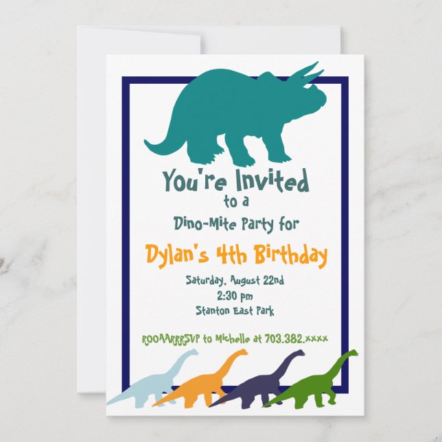 Dinosaure coloré Invitations de fête d'anniversair (Devant)